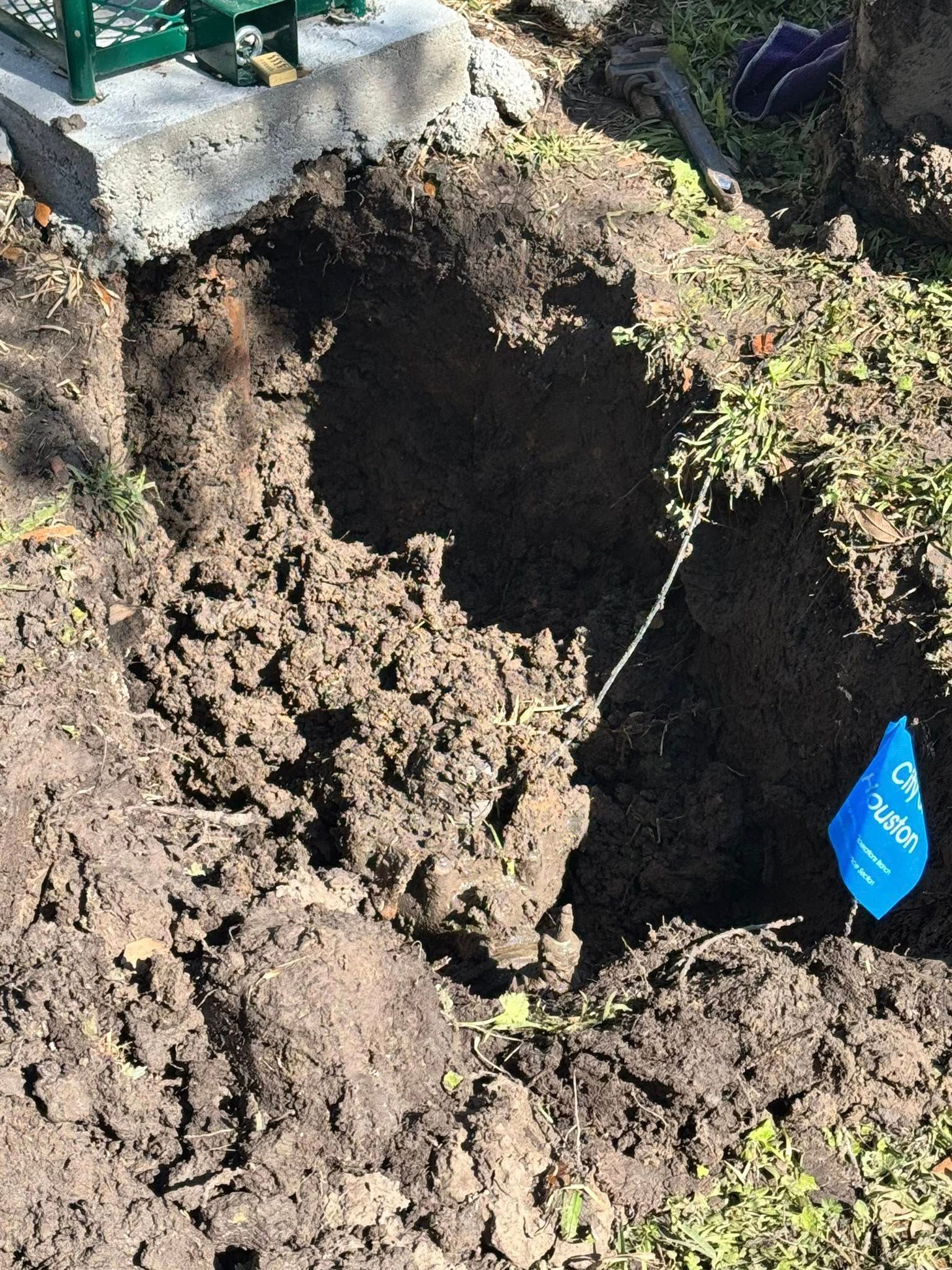 Large dirt hole beside a concrete edge, with a blue marker flag and exposed roots in the soil.