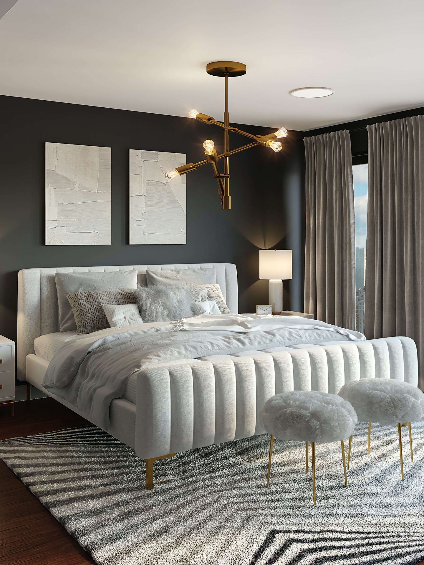 Modern bedroom with dark walls, tufted bed, gold chandelier, and large window drapes