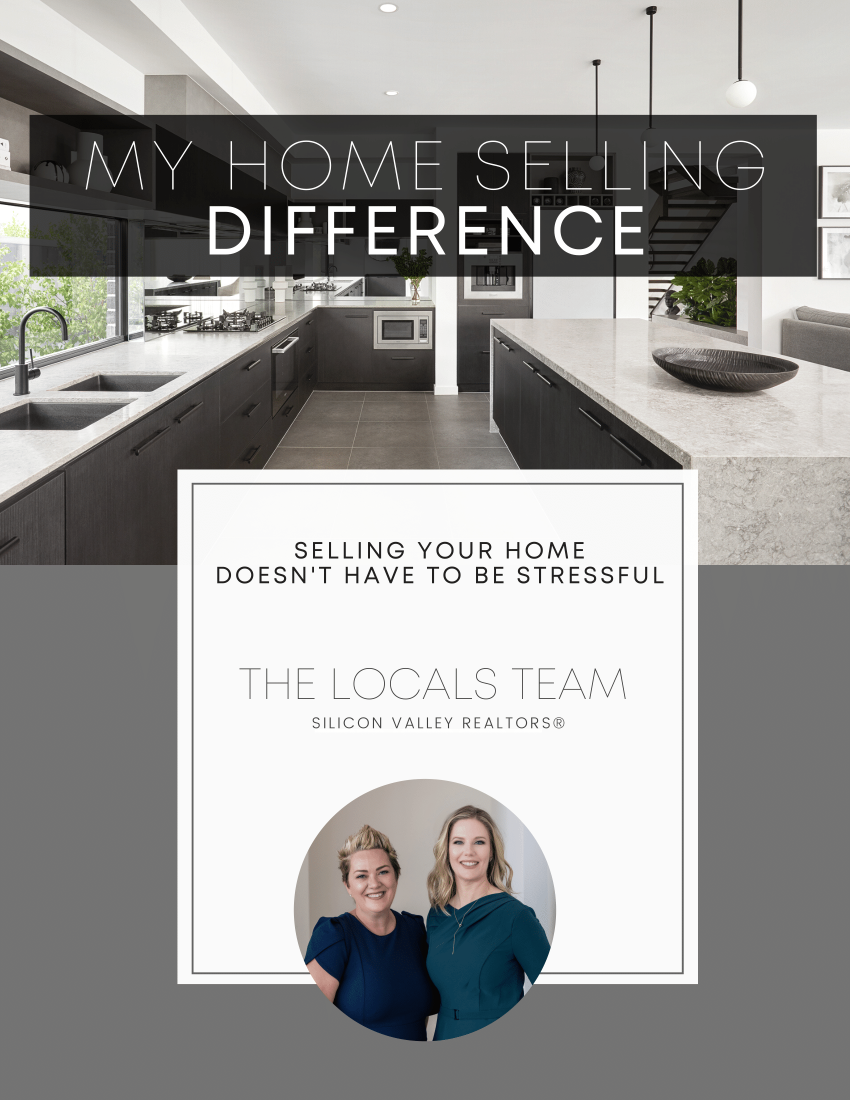 Modern kitchen with bold text overlay and two women in a circular portrait at the bottom.