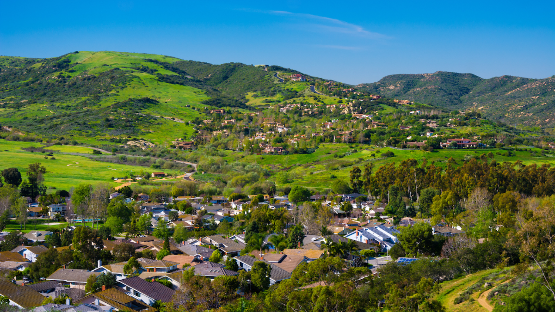 Green hillside town with scattered houses and trees under a bright blue sky