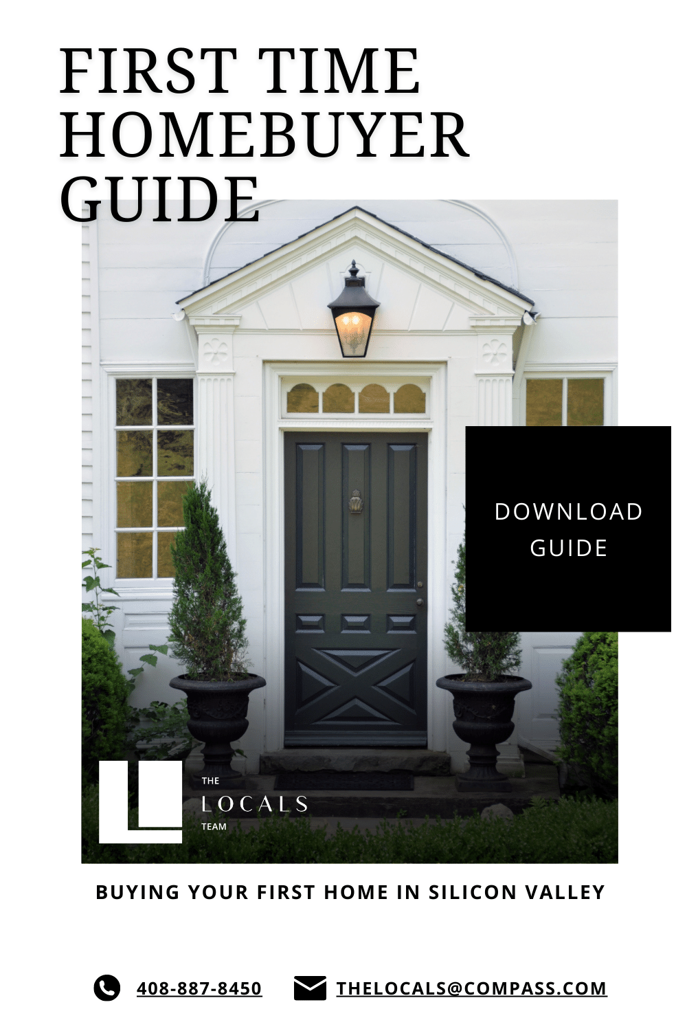 First-time homebuyer guide cover showing a white house with a black door and “download guide” text