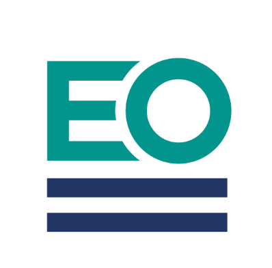 The eo logo is green and blue and has a circle in the middle.