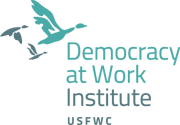 The logo for the democracy at work institute usfwc