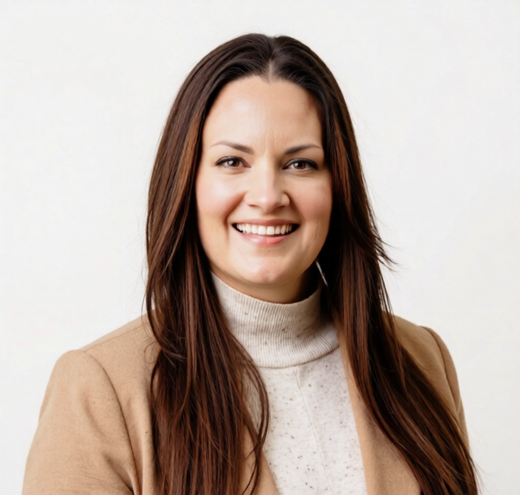 Smiling woman with long brown hair wearing a beige sweater against a plain light background