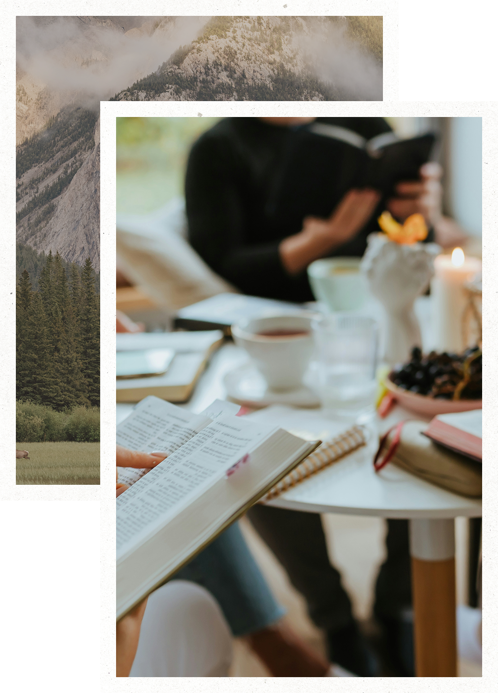 People studying at a café table with notebooks, coffee cups, and a plate of fruit.
