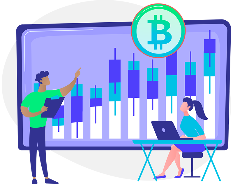 Trader analyzing a crypto chart on a screen with a Bitcoin symbol and a woman working on a laptop