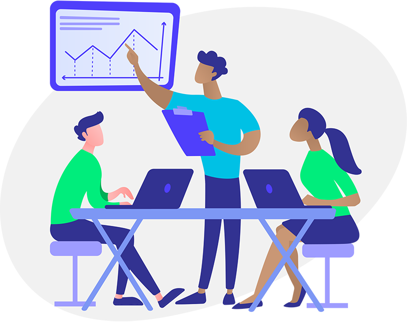 Team meeting with three people at laptops, one presenting a chart on a screen