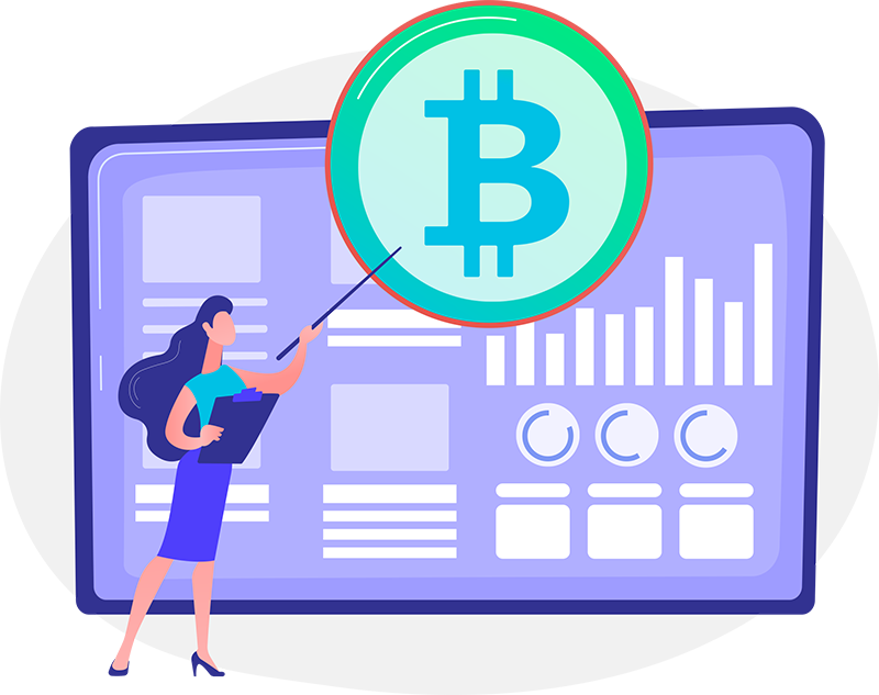 Woman presenting a Bitcoin chart on a purple analytics dashboard