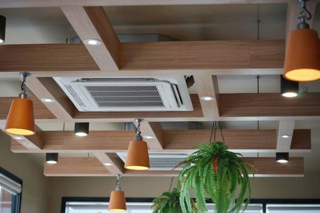 Wooden ceiling with recessed lights, hanging lamps, and air conditioning unit, with hanging plants.