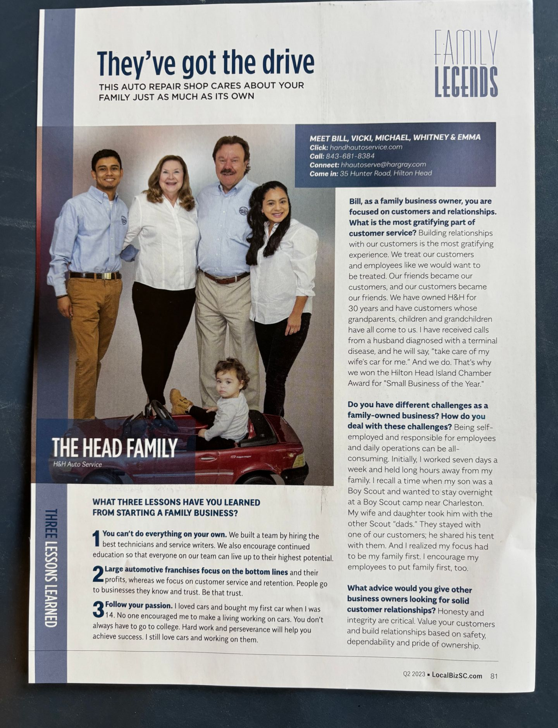 Magazine page featuring a family portrait and article text, with blue headline and white background
