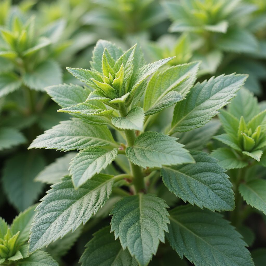 Close-up of lush green mint leaves with serrated edges in a garden