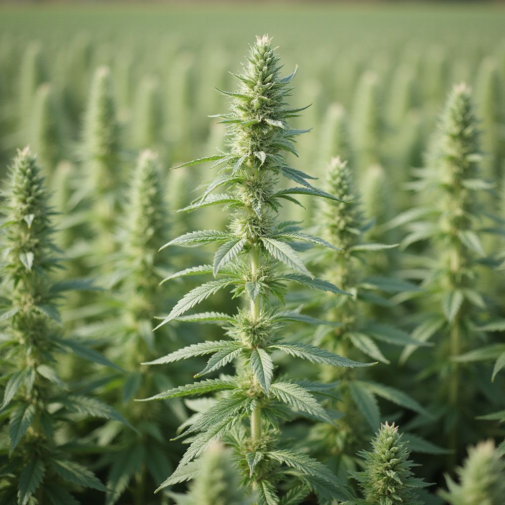 Close-up of cannabis plants growing in a field, with a tall green flowering plant centered in focus