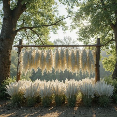 White pampas grass hanging and planted in rows on a wooden frame in a sunny garden.