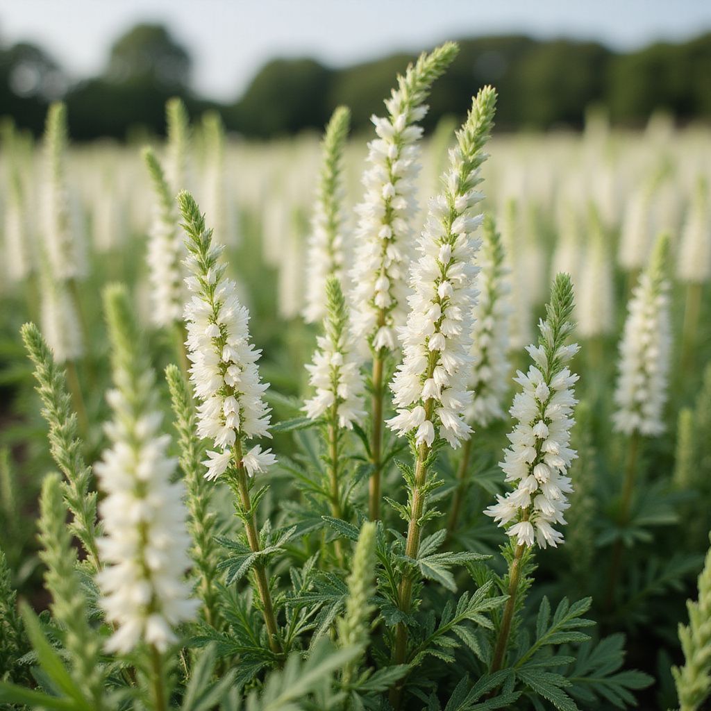 White flower spikes blooming in a green field with blurred trees in the background