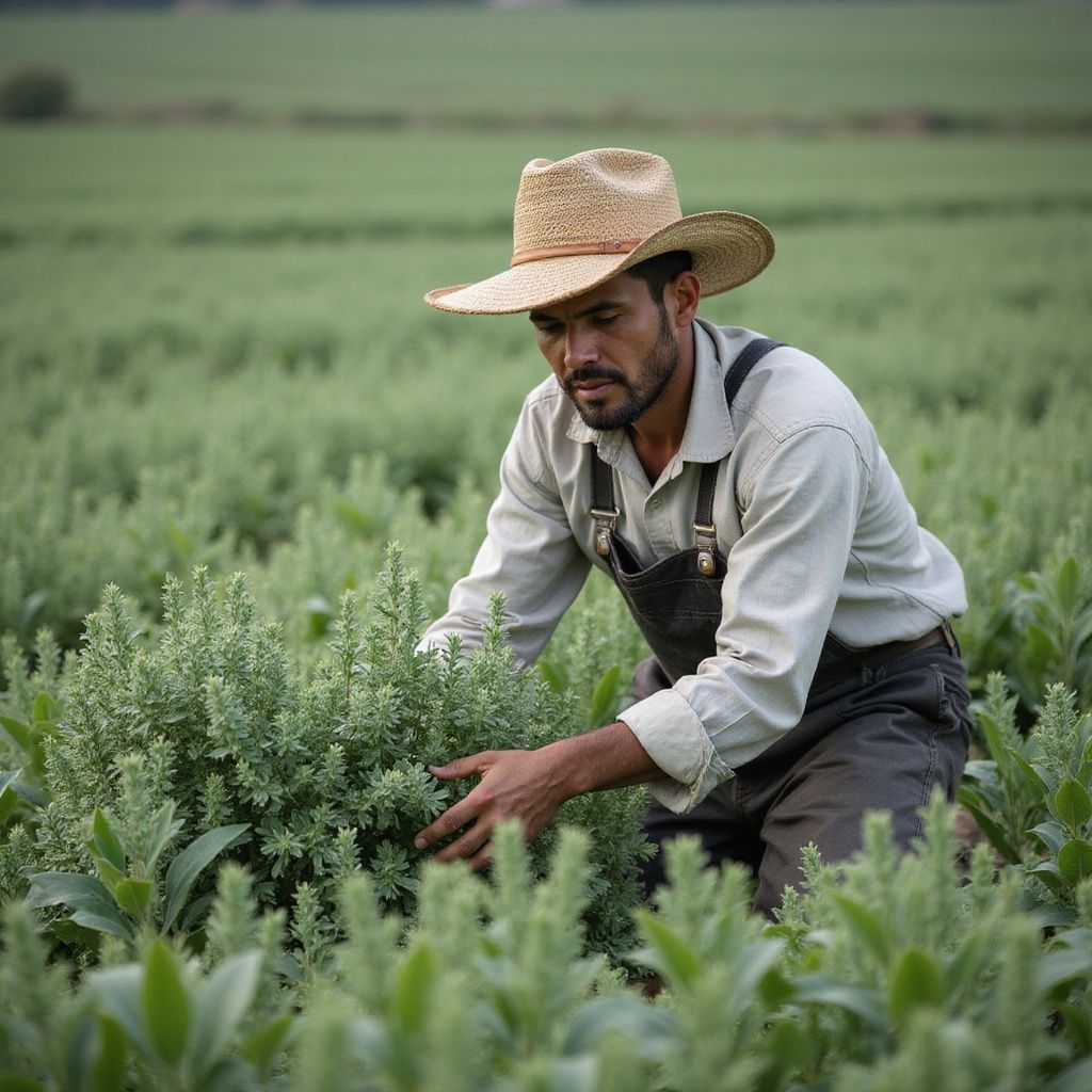 Farmer in a straw hat tending green crops in a field