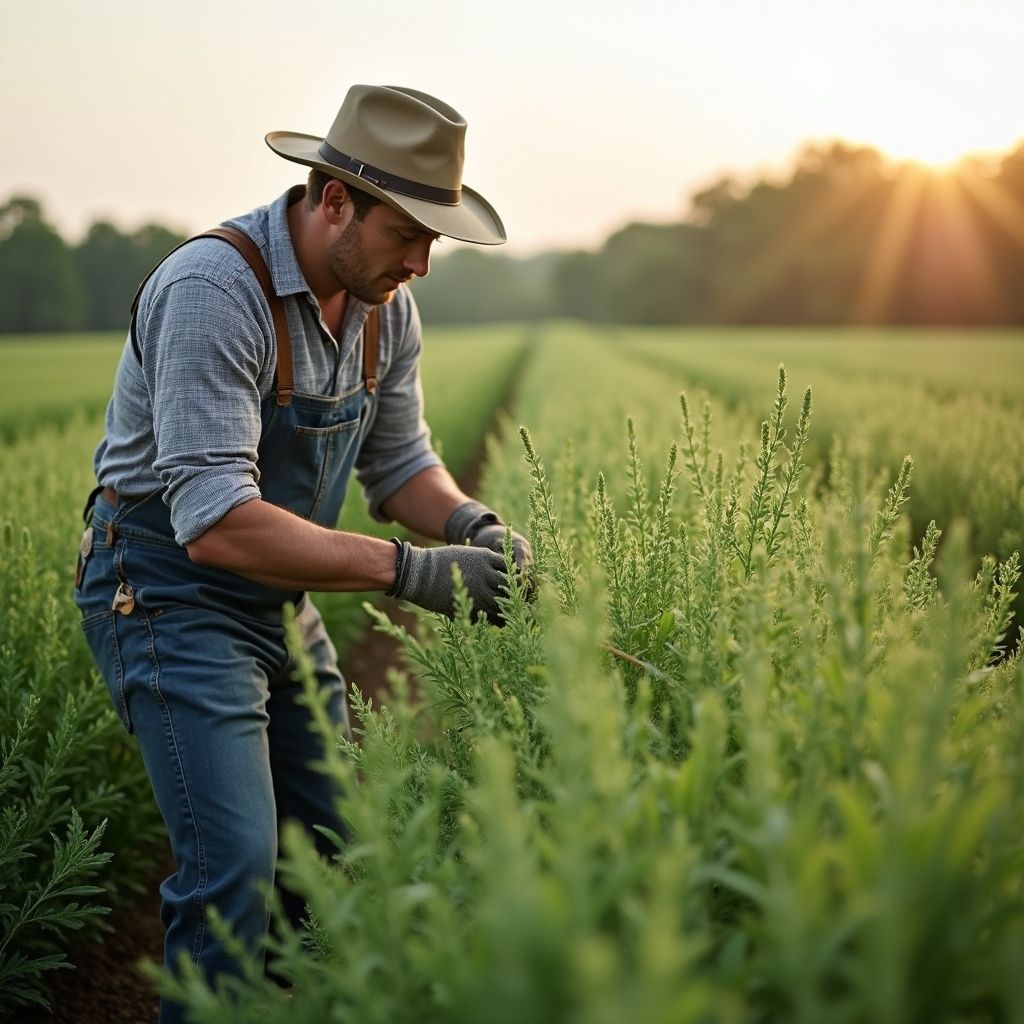 Farmer in a straw hat inspecting green crops in a sunlit field