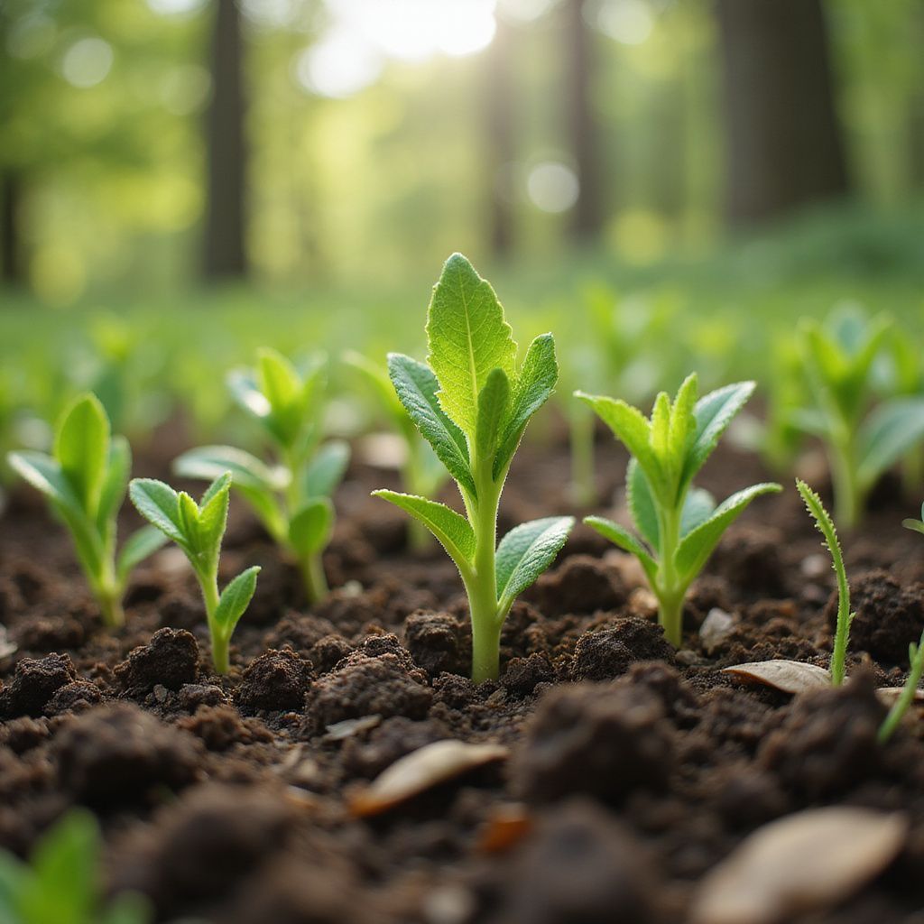 Young green seedlings sprouting in dark soil with a soft, sunlit garden background