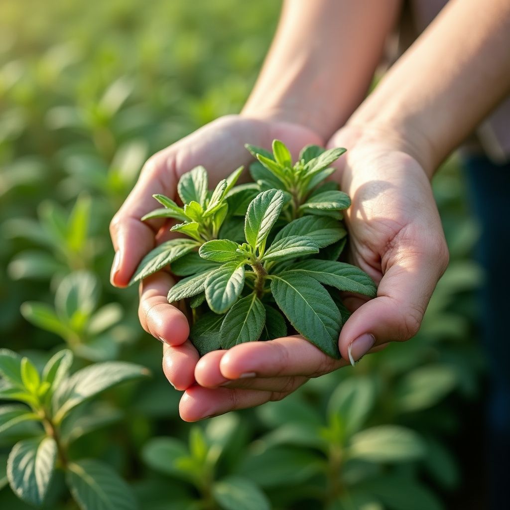 Hands holding a small green plant seedling in a sunlit garden