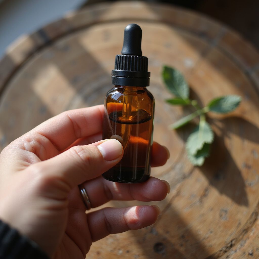 Hand holding amber dropper bottle over a wooden surface with blurred green leaves in the background