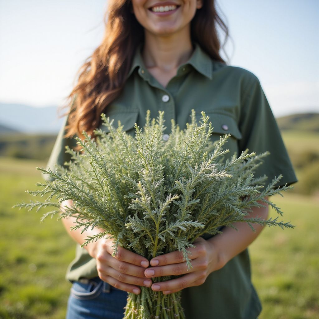 Woman holding a bouquet of green wildflowers in a sunny field