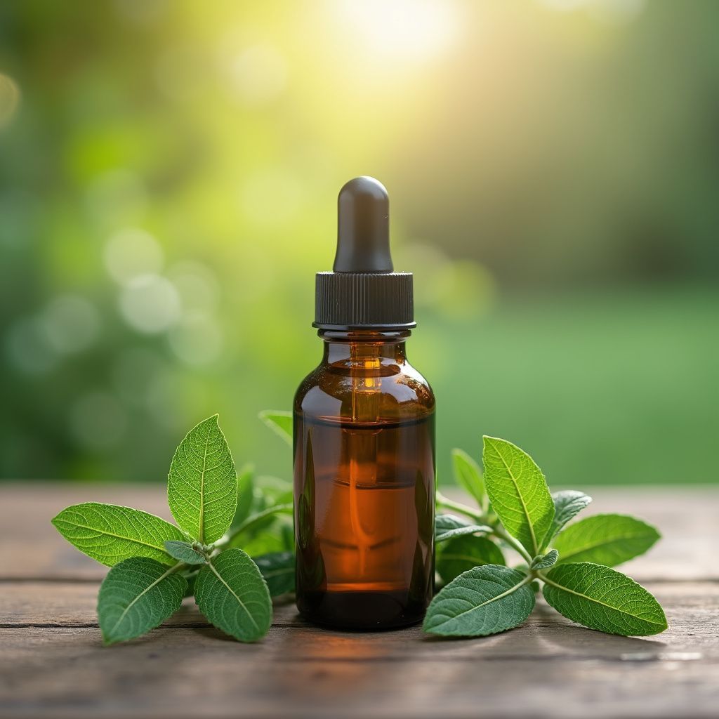 Amber essential oil bottle with dropper, surrounded by green leaves on a wooden surface outdoors