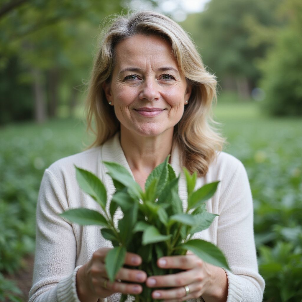Smiling person holding a potted green plant outdoors in a garden.