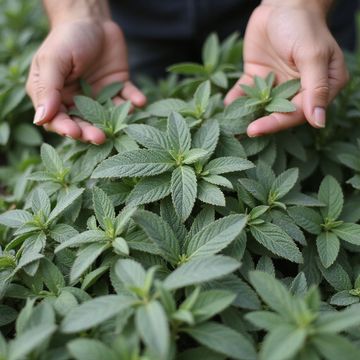 Hands gently holding green cannabis leaves in a garden