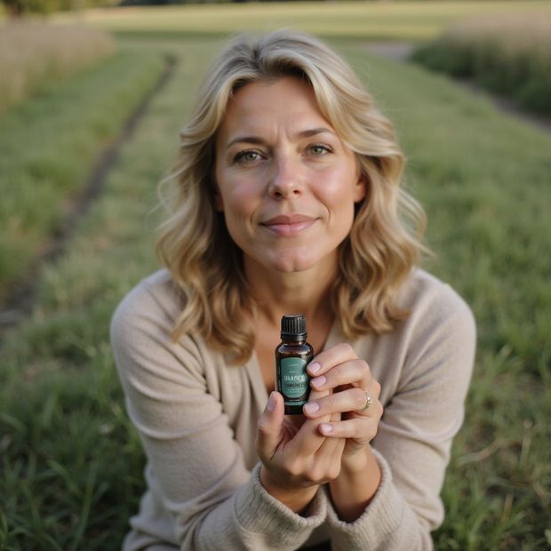 Woman in a field holding a small green bottle and smiling at the camera