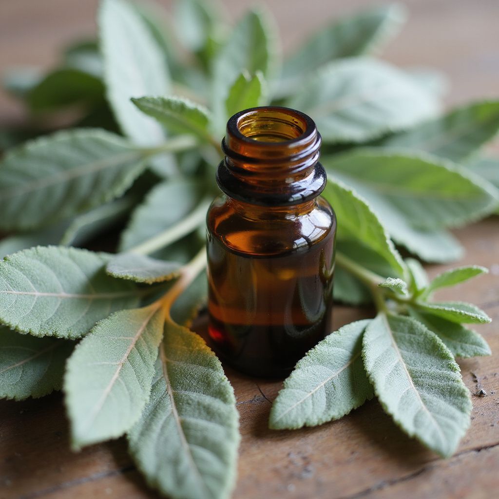 Amber glass bottle on green leaves, suggesting a herbal essential oil or natural remedy