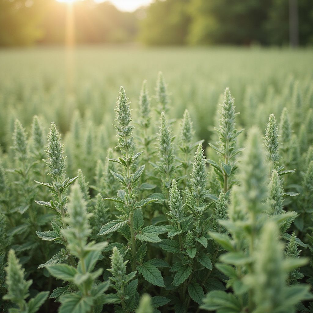 Close-up of green wildflowers in a sunlit meadow at sunrise
