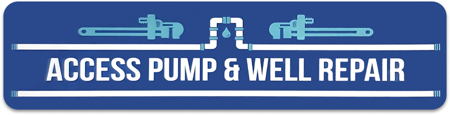 Blue sign reading &ldquo;ACCESS PUMP & WELL REPAIR&rdquo; with pipe and faucet icon