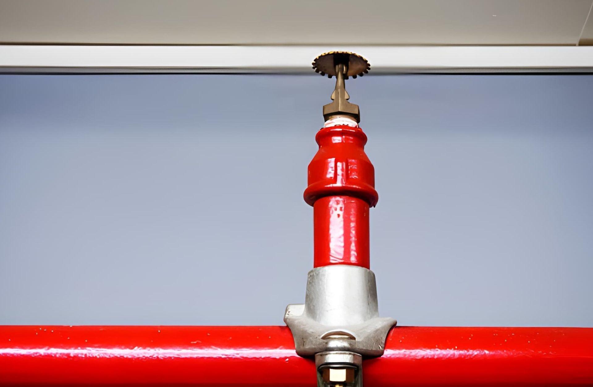 Red fire sprinkler mounted on a white ceiling above a red pipe
