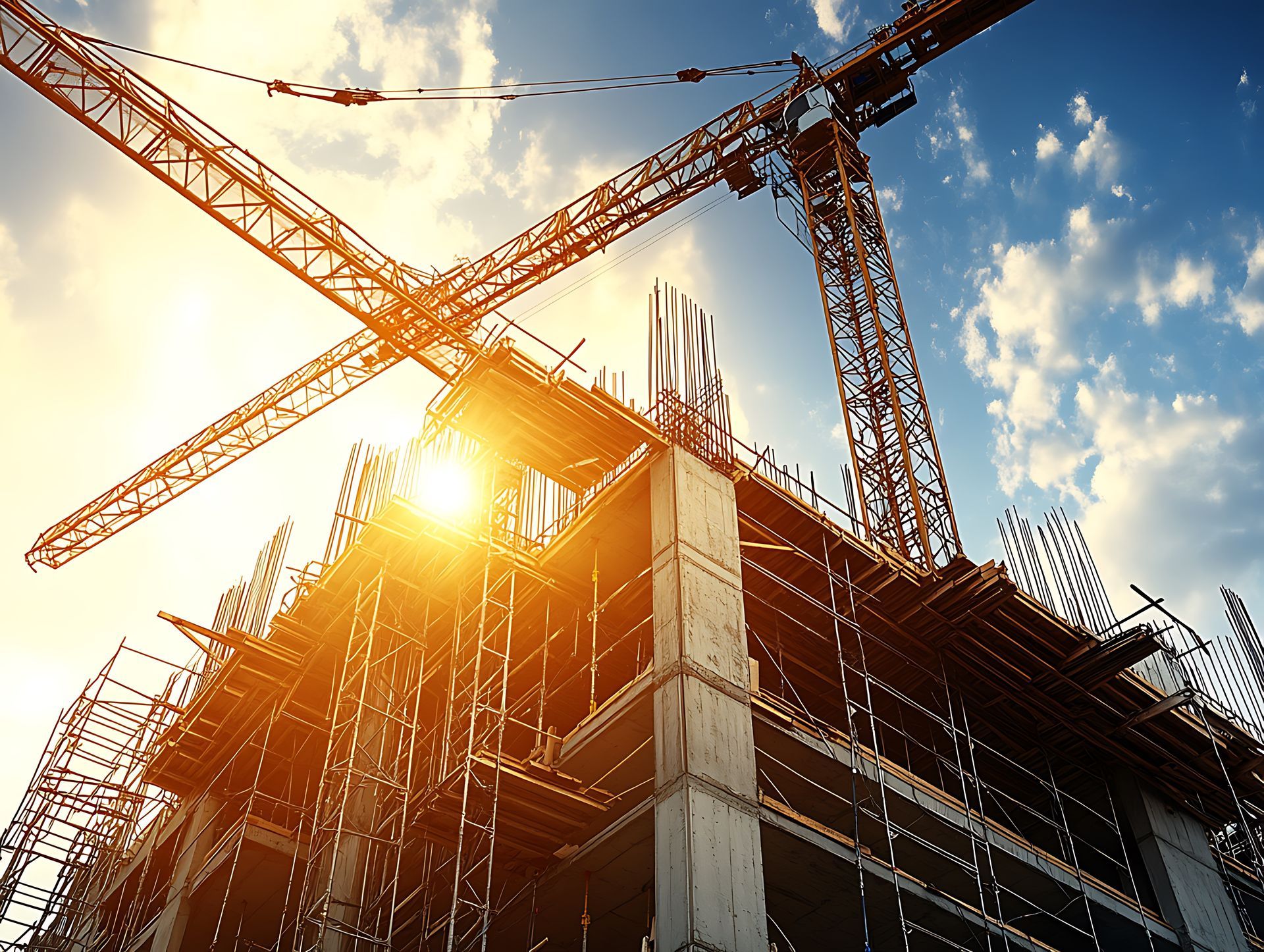 Construction site with cranes silhouetted against a bright, sunny sky. Concrete building under construction.