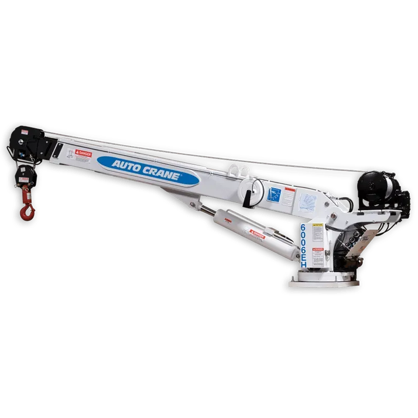White and blue Auto Crane mounted on a base. Boom extends with a red hook.