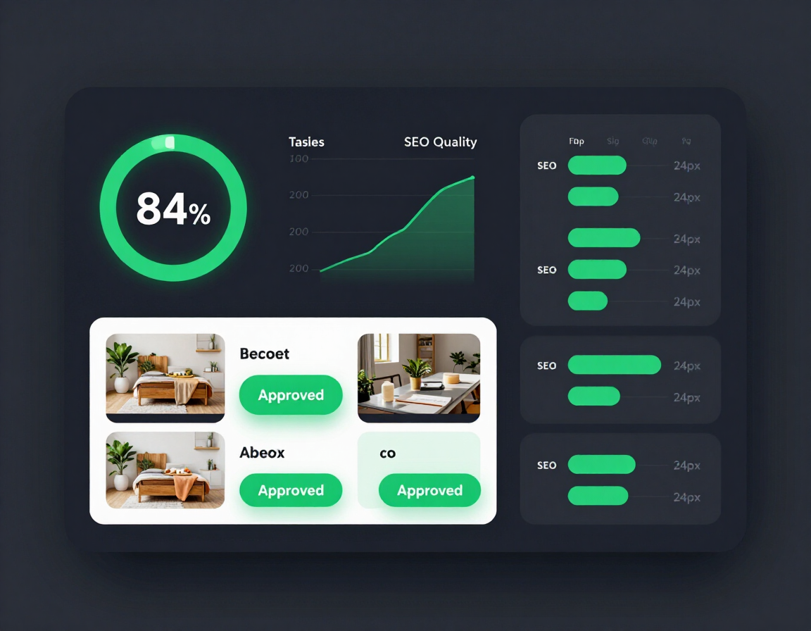 Dark analytics dashboard with green progress chart and task cards, including an 84% circular gauge.