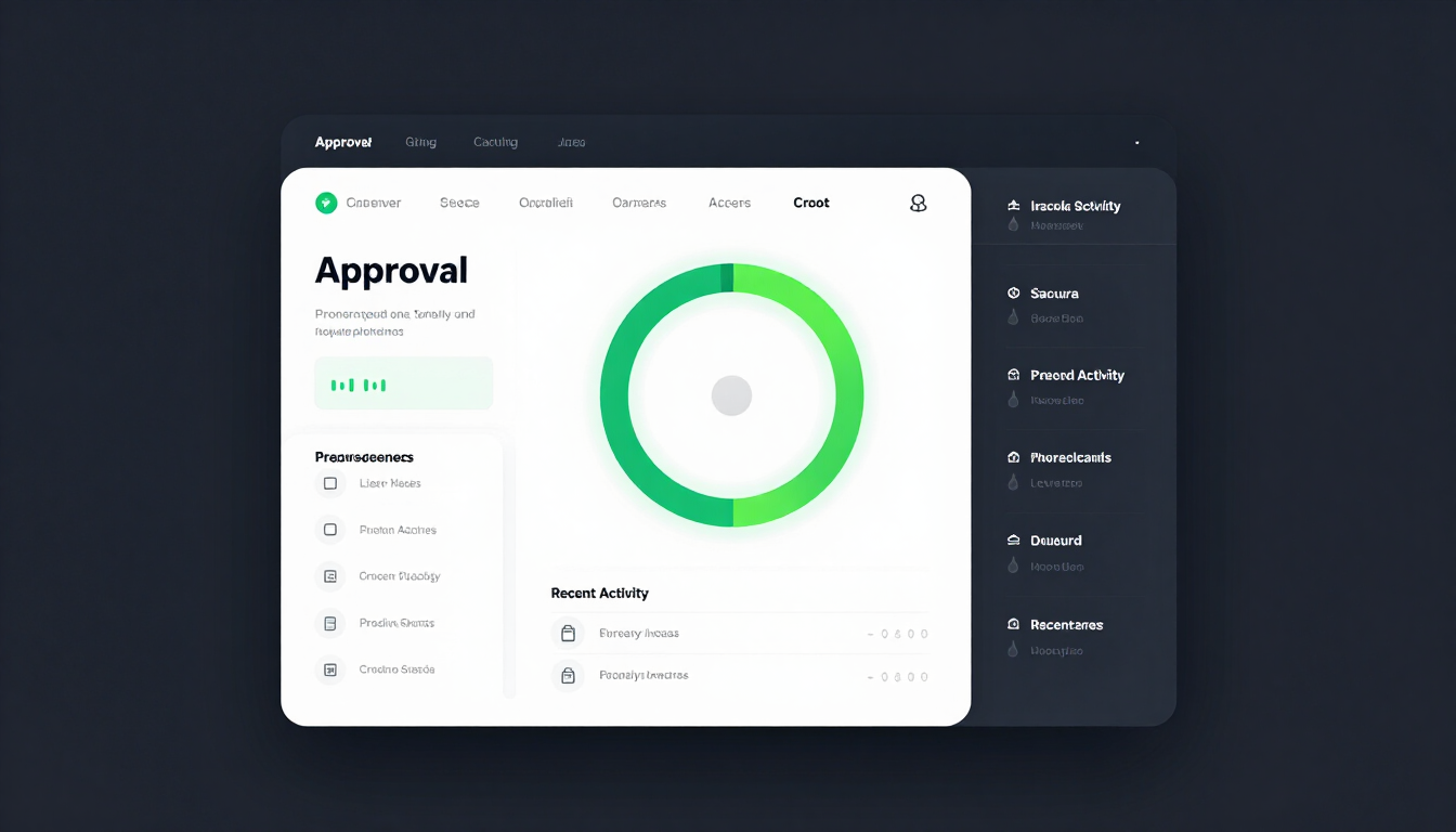 Dark dashboard UI with green approval donut chart and a right-side task list