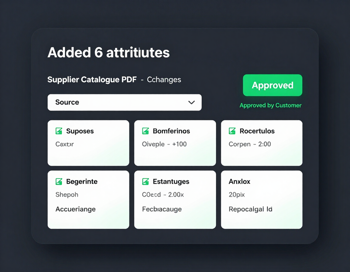 Dark dashboard UI showing “Added 6 attributes” with six green and white attribute cards and a green “Approve” button