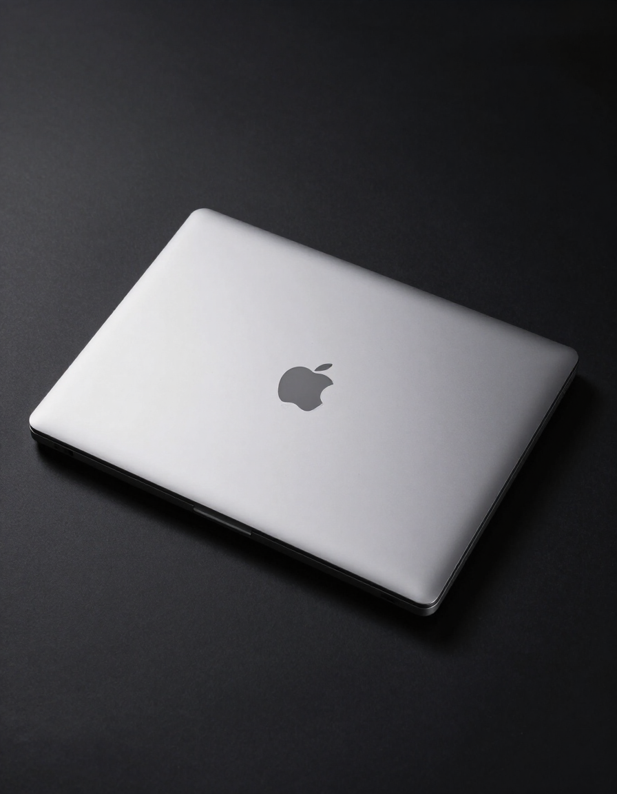 Silver MacBook laptop on a dark background, closed and viewed from above.
