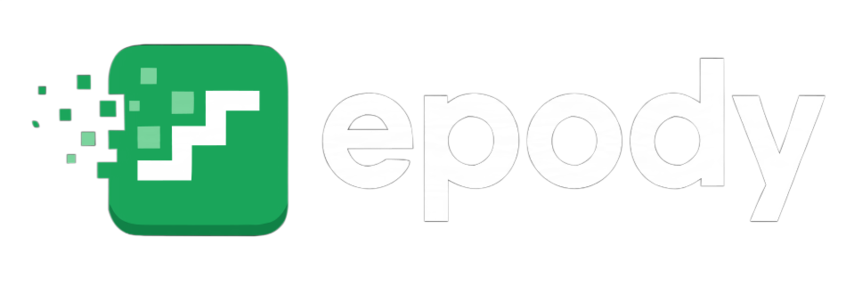 Green square logo with white pixel pattern and the word “epody” in light gray