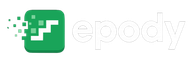 Green square logo with white pixel pattern and the word “epody” in light gray