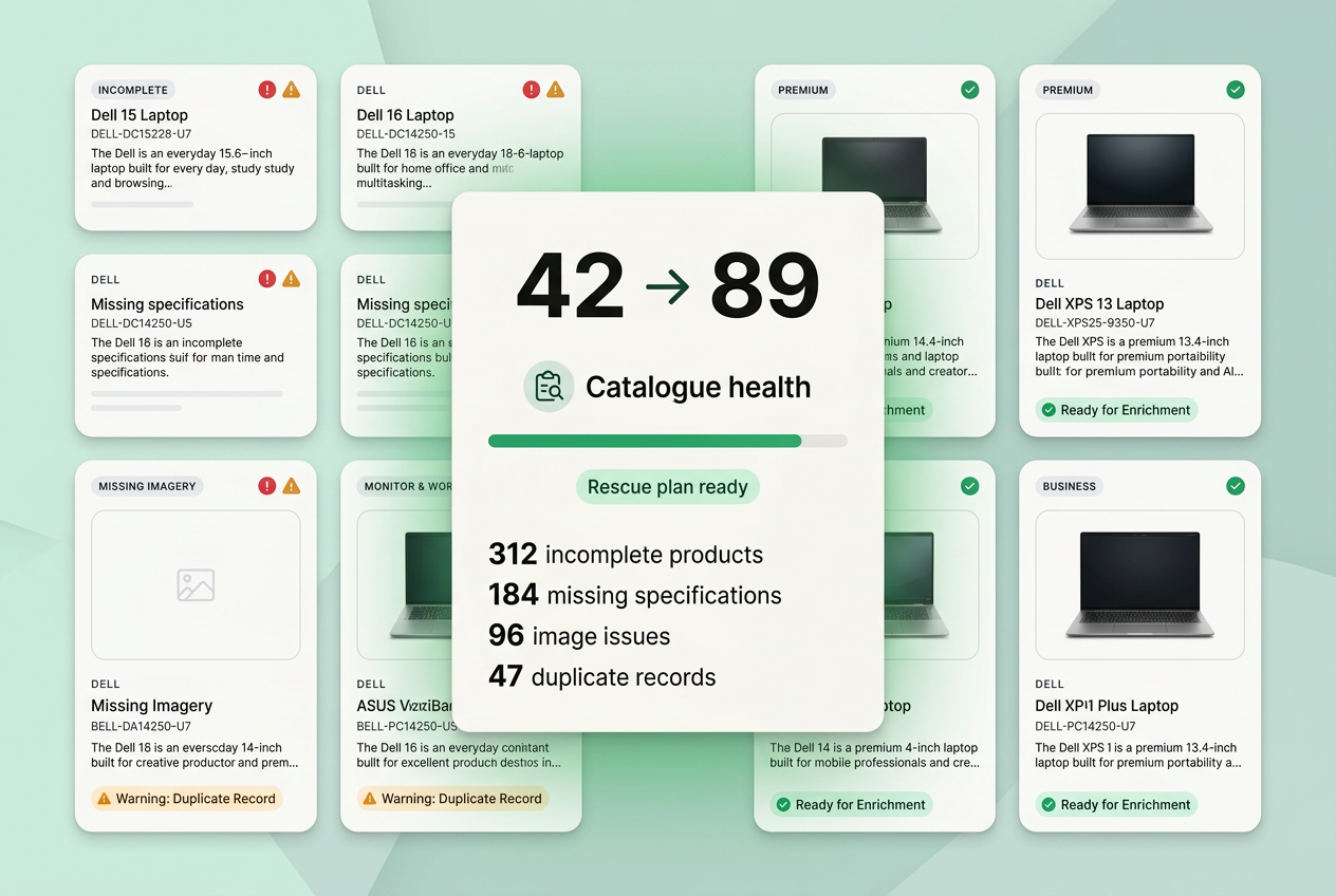 Epody catalogue audit dashboard showing missing fields and product-data issues