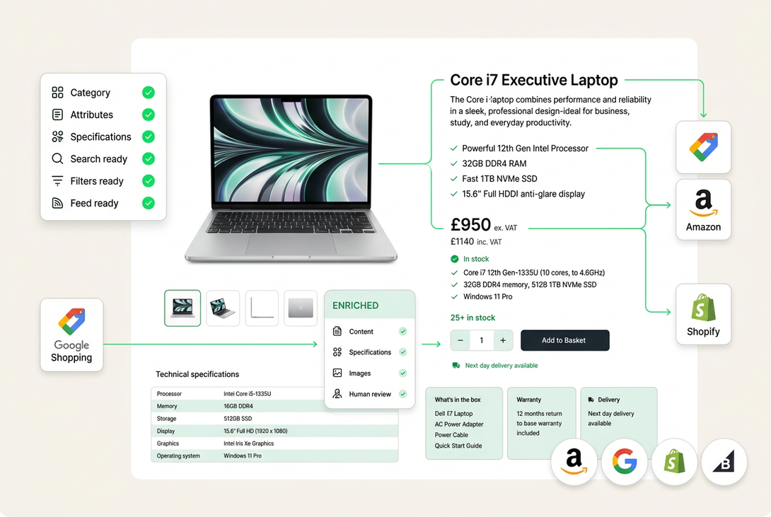 Laptop product page with a green-and-white layout, showing an open laptop, specs, price, and purchase options