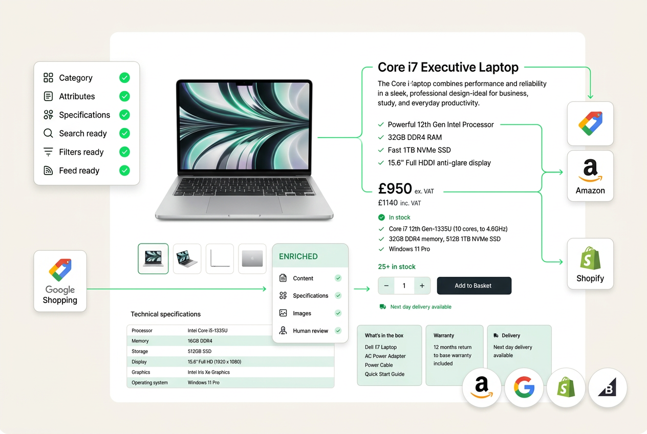 An enriched laptop product page connected to Google Shopping, Amazon and Shopify