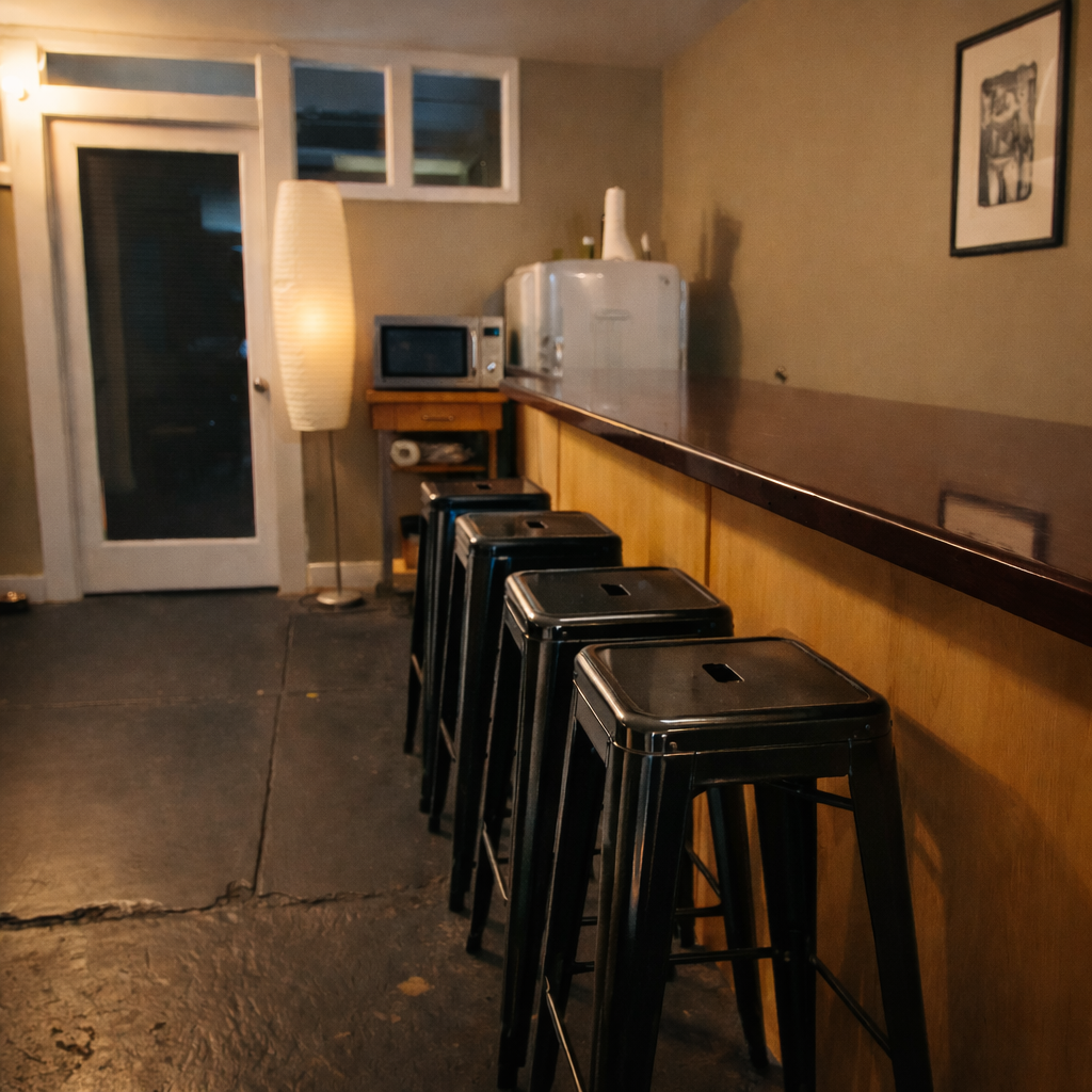 A row of four black metal stools lines a wooden bar in a room with a lamp, a microwave, and a framed print on the wall.