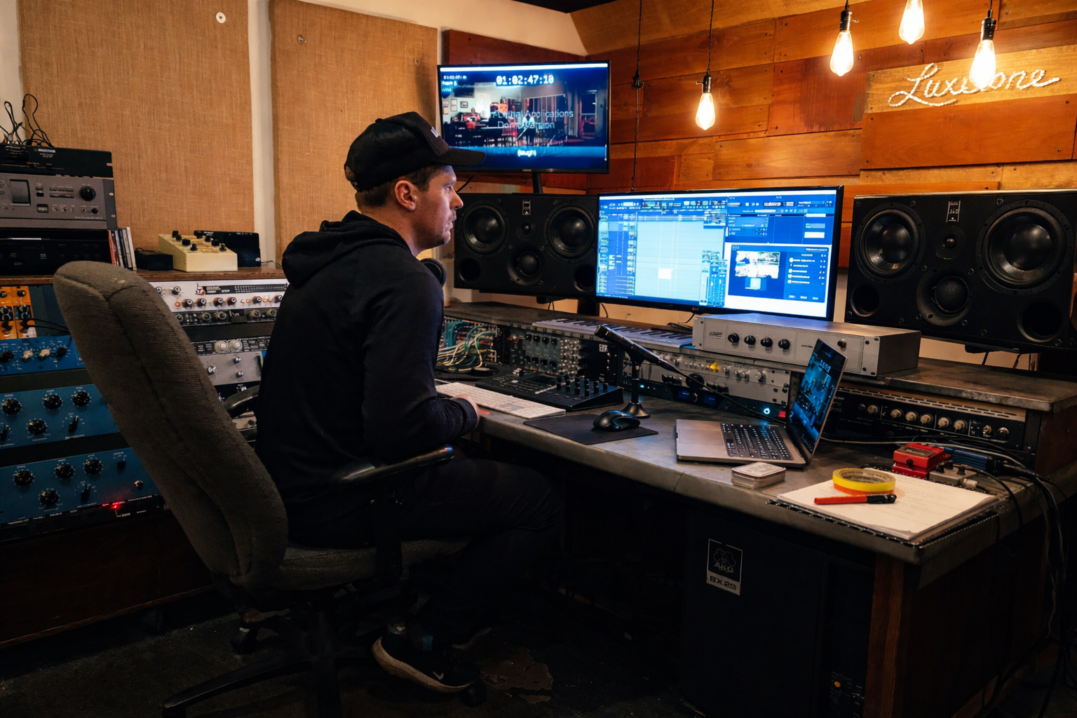 A person in a hoodie and cap works at a desk with computer monitors and audio equipment in a music recording studio.
