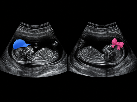 Two ultrasound scans of a fetus, marked with a blue bow and a pink bow.