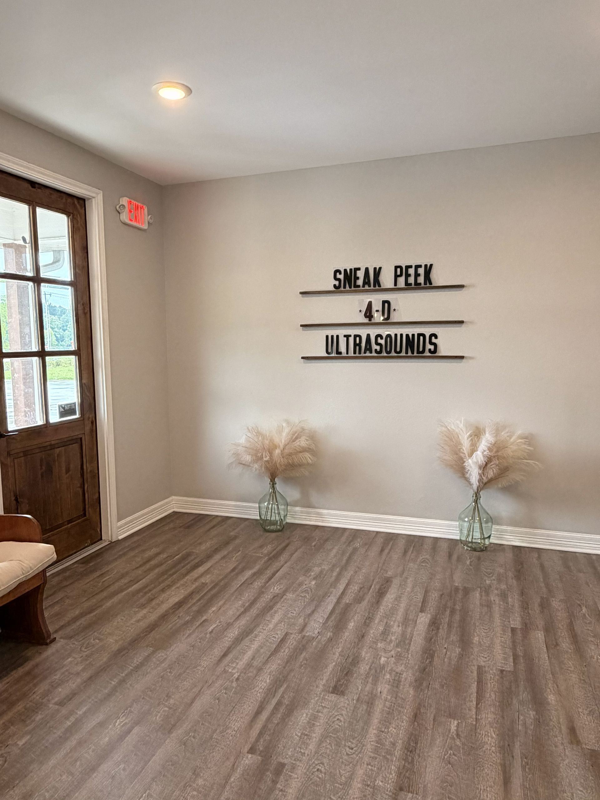 Minimal room with wood floor, wall sign reading “SWEAR FEEL TO ULTRASOUNDS,” and dried floral decor.