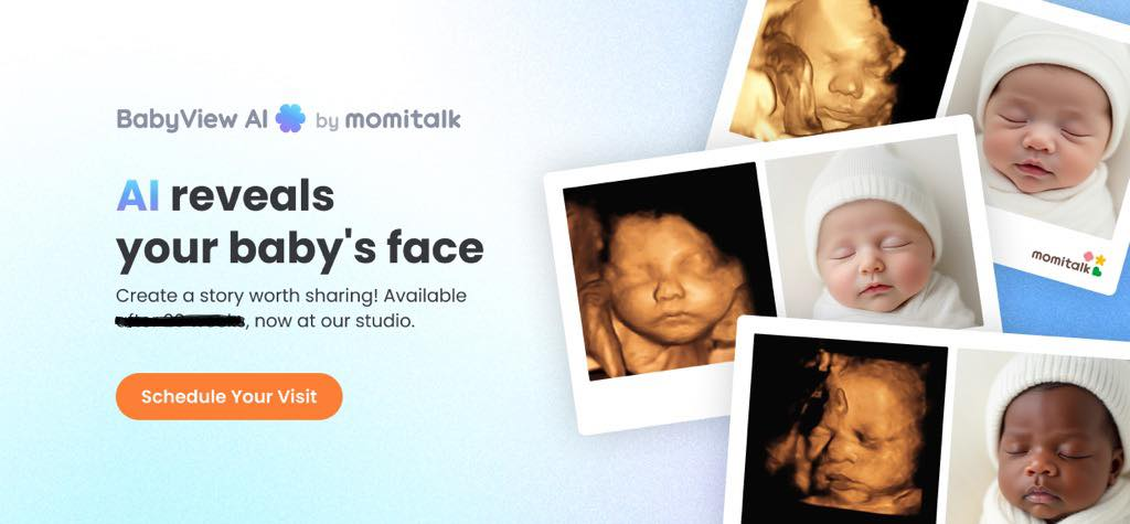 BabyView AI promo with ultrasound images and text: “AI reveals your baby’s face” and “watch it reveal to life”