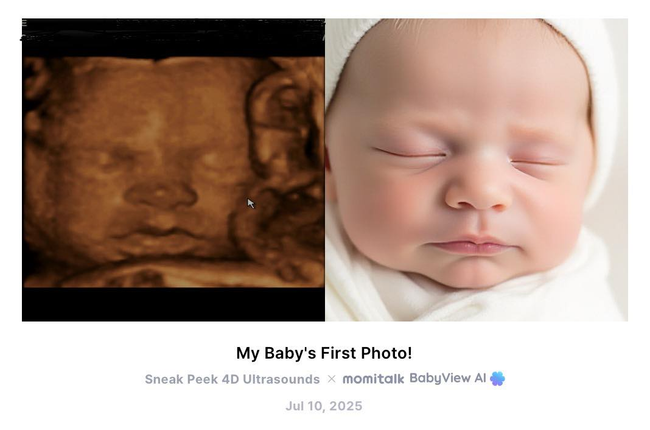 3D ultrasound and newborn baby portrait side by side, both with eyes closed.