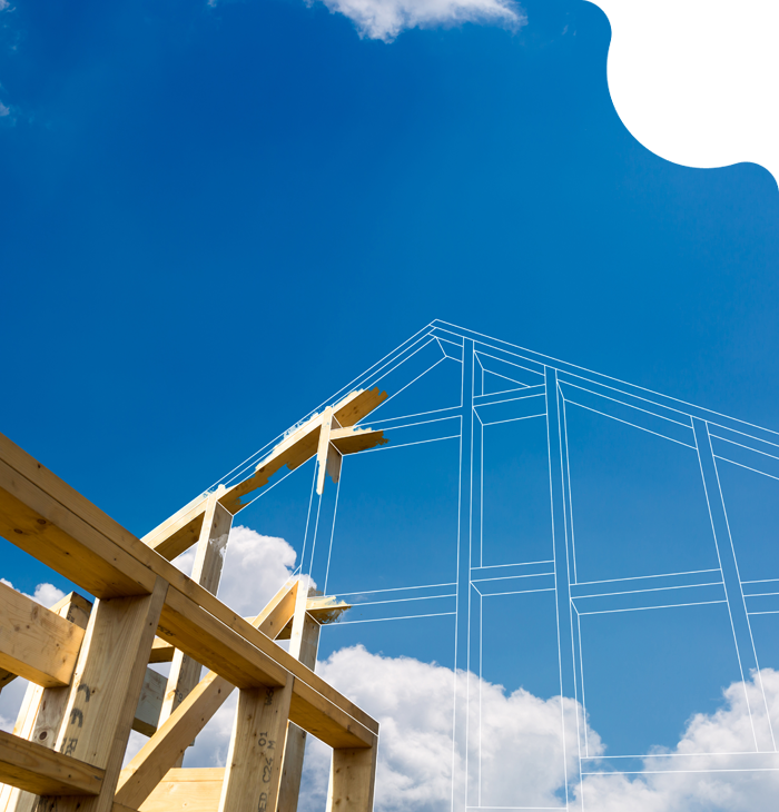 Wooden house framing against a bright blue sky with white clouds and a roof outline sketch overlay Wooden house framing against a bright blue sky with white clouds and a roof outline sketch overlay